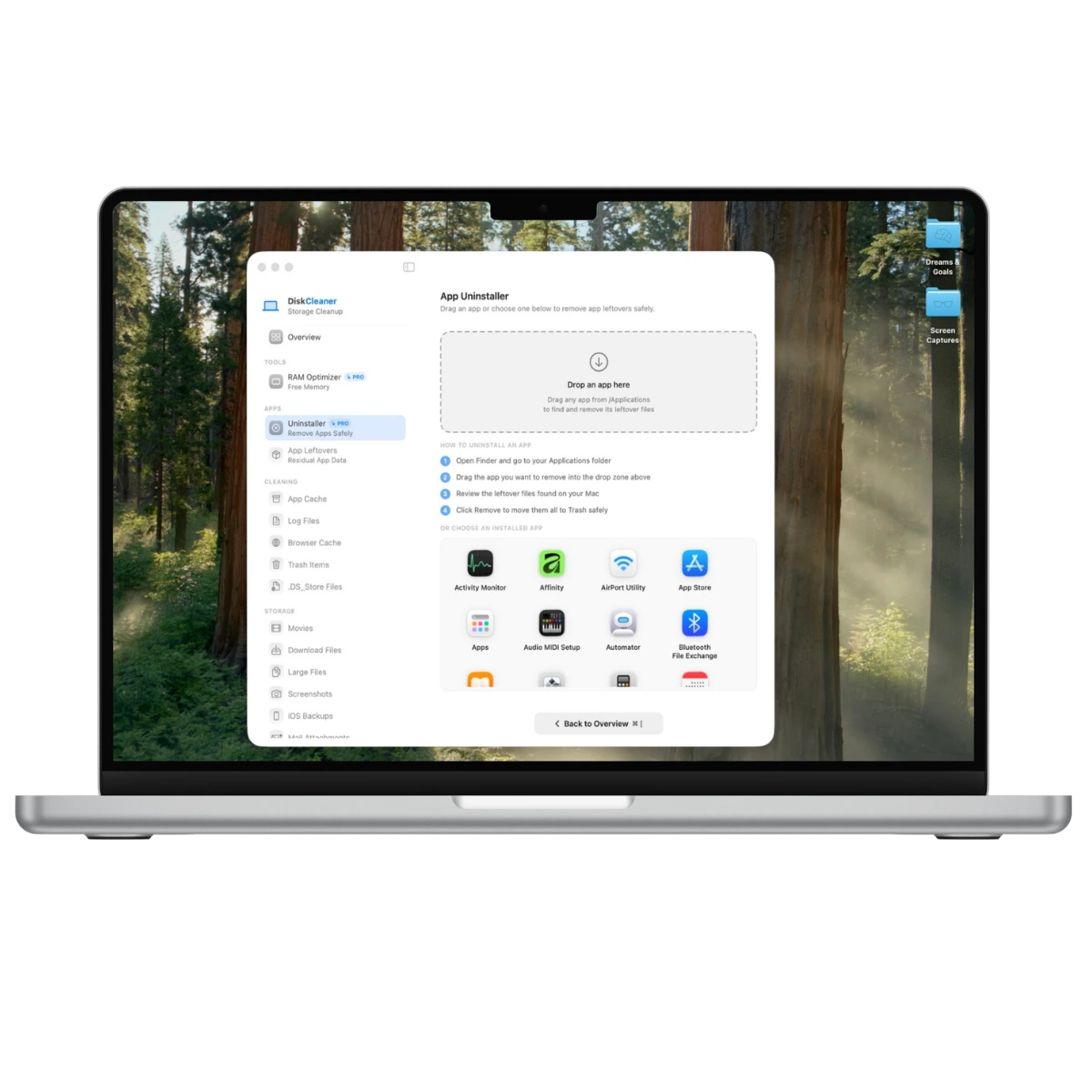DiskCleaner App Uninstaller for Mac showing leftover files, caches, preferences, containers, and app removal review before cleanup