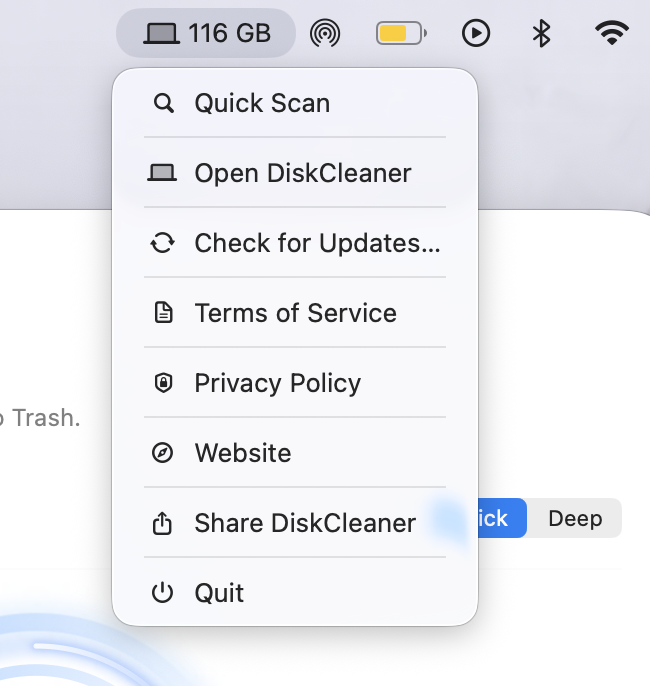 DiskCleaner Mac menu bar cleaner showing free disk space, quick scan controls, and storage status from the menu bar